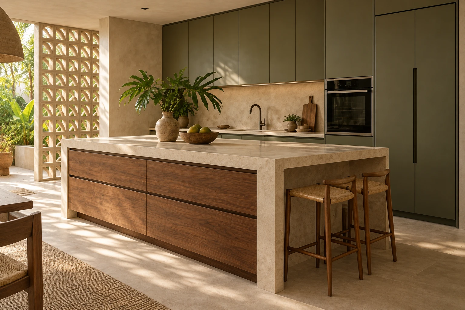 Conceito Casa Compitum: cozinha com ilha amadeirada, pedra bege, armários verdes e cobogós.