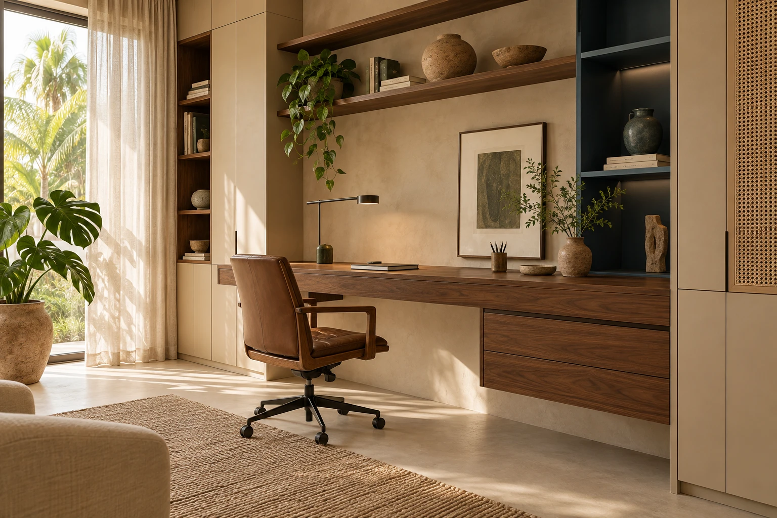 Conceito Casa Compitum: home office com marcenaria amadeirada, linho, palhinha e nicho azul-petróleo.